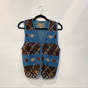 Tantrums Blues Womens Petite Medium PM Denim Animal Print Sleeveless Vest Button